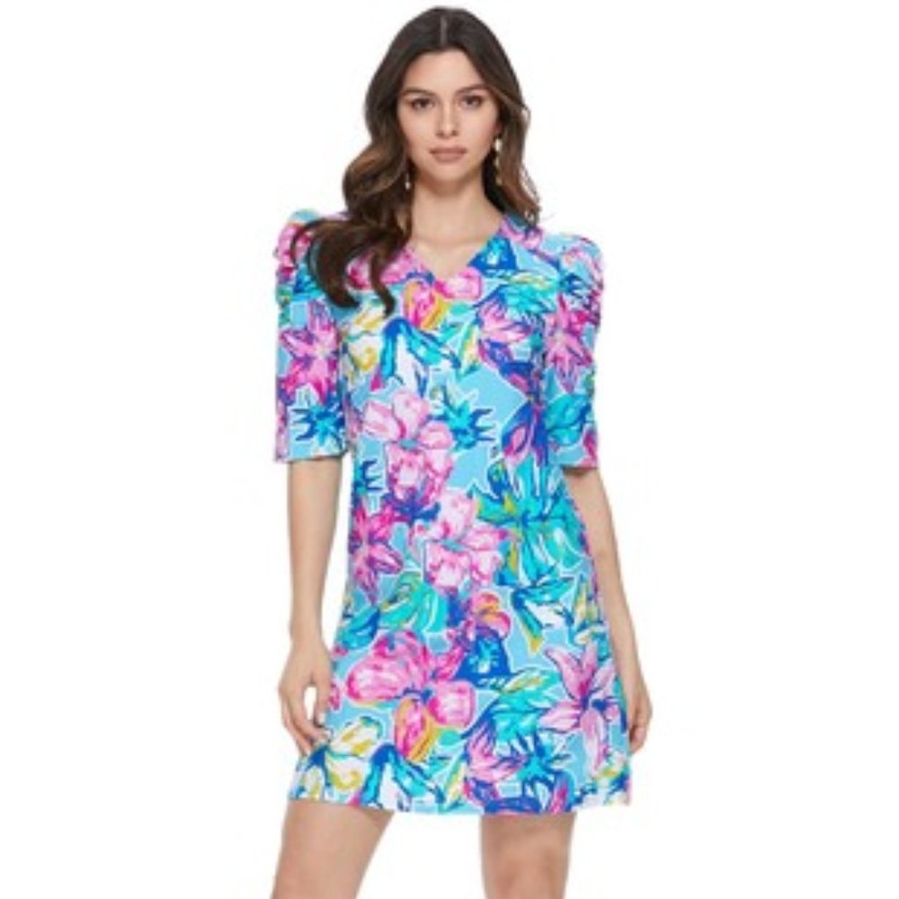 Aryeh Sky Puffy Sleeves Floral Shift Dress